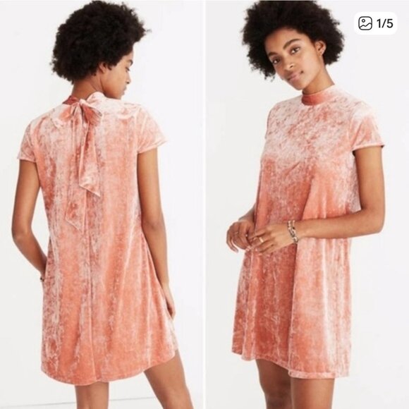 Madewell Blush Pink Crushed Velvet Dress Tie Back Short Sleeve Mock Neck Size L - Picture 1 of 13